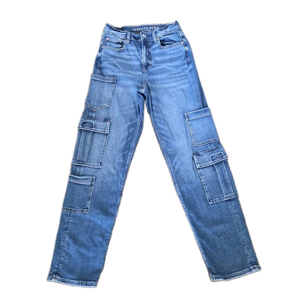 American Eagle Cargo Jeans Size 0 Regular Super High-rise Baggy Straight Blue